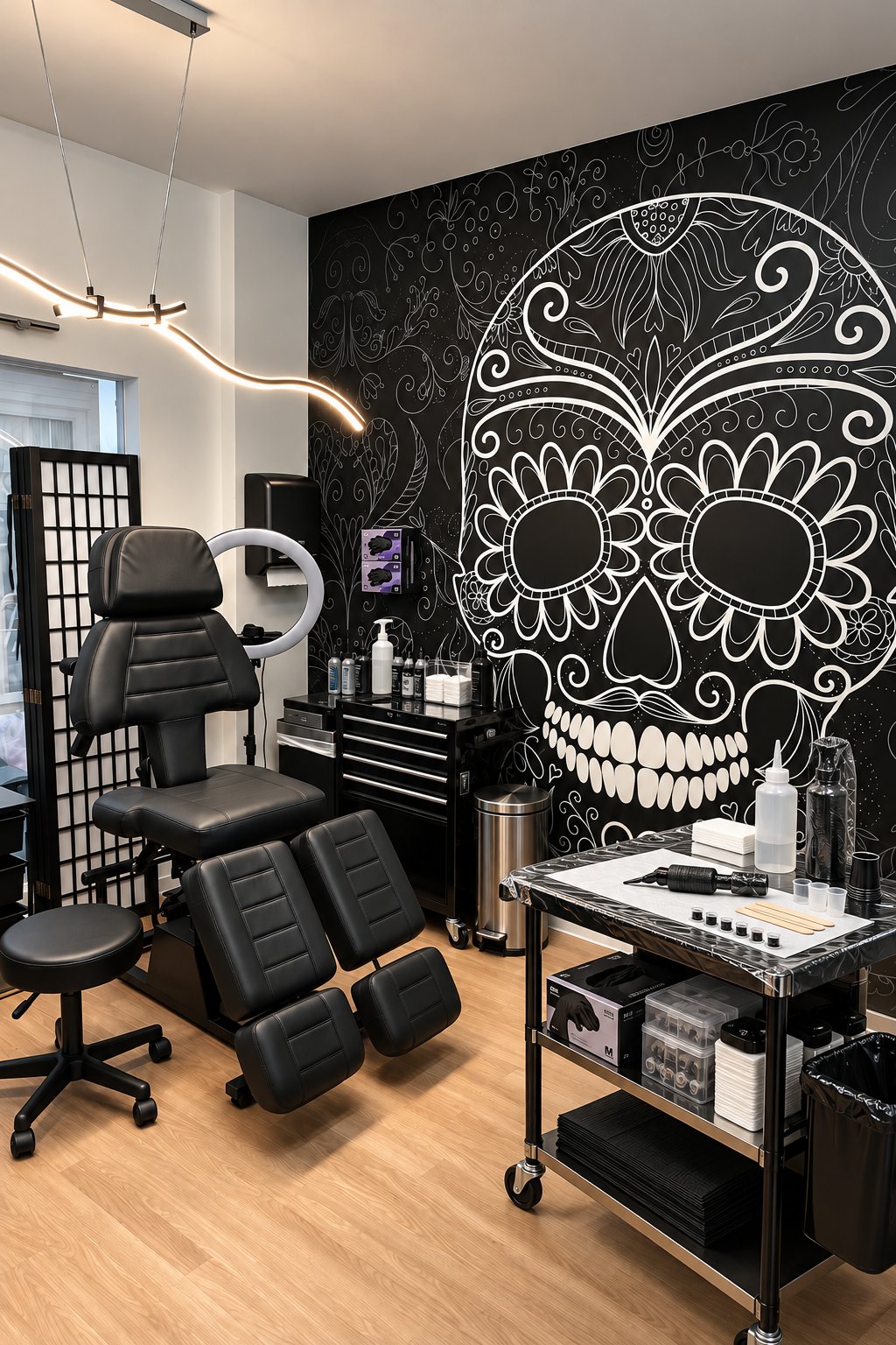 Tattoo-Arbeitsplatz im Amy's Aesthetic Atelier in Haar mit Liege und großem Totenkopf-Wandmotiv