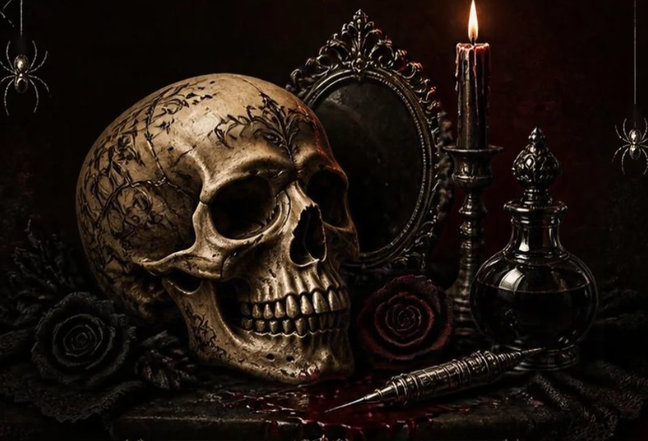 Totenkopf mit Kerze, Rosen und Tattoomaschine als Halloween-Motiv